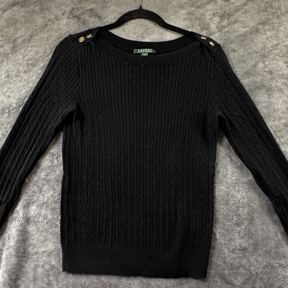 Ralph Lauren Black Cable Knit Sweater Size Medium Long Sleeve w Gold Buttons